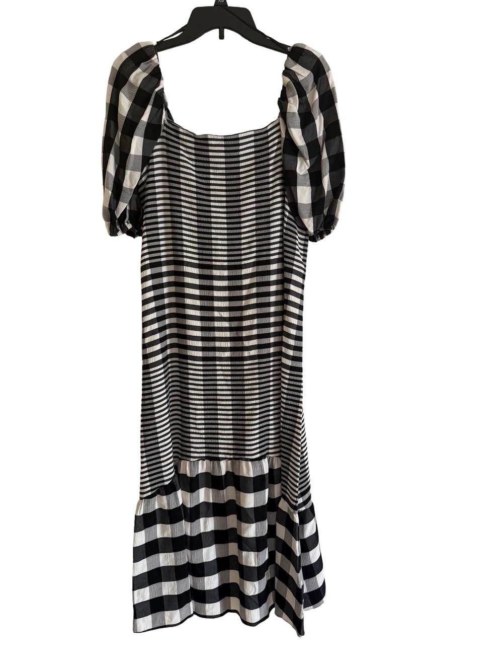 Black and White Gingham Puff Sleeve  Dress